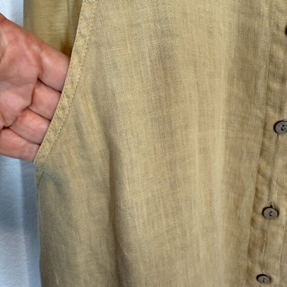 Linen Dress Gold Neutral Tan Lagenlook Pockets Button Front Beachy Small - Picture 7 of 14